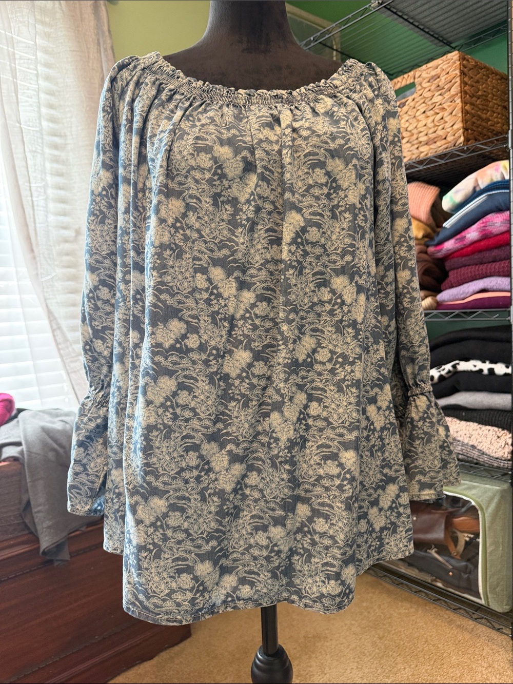 Laurie Felt Denim Floral Off-Shoulder Flowy top
